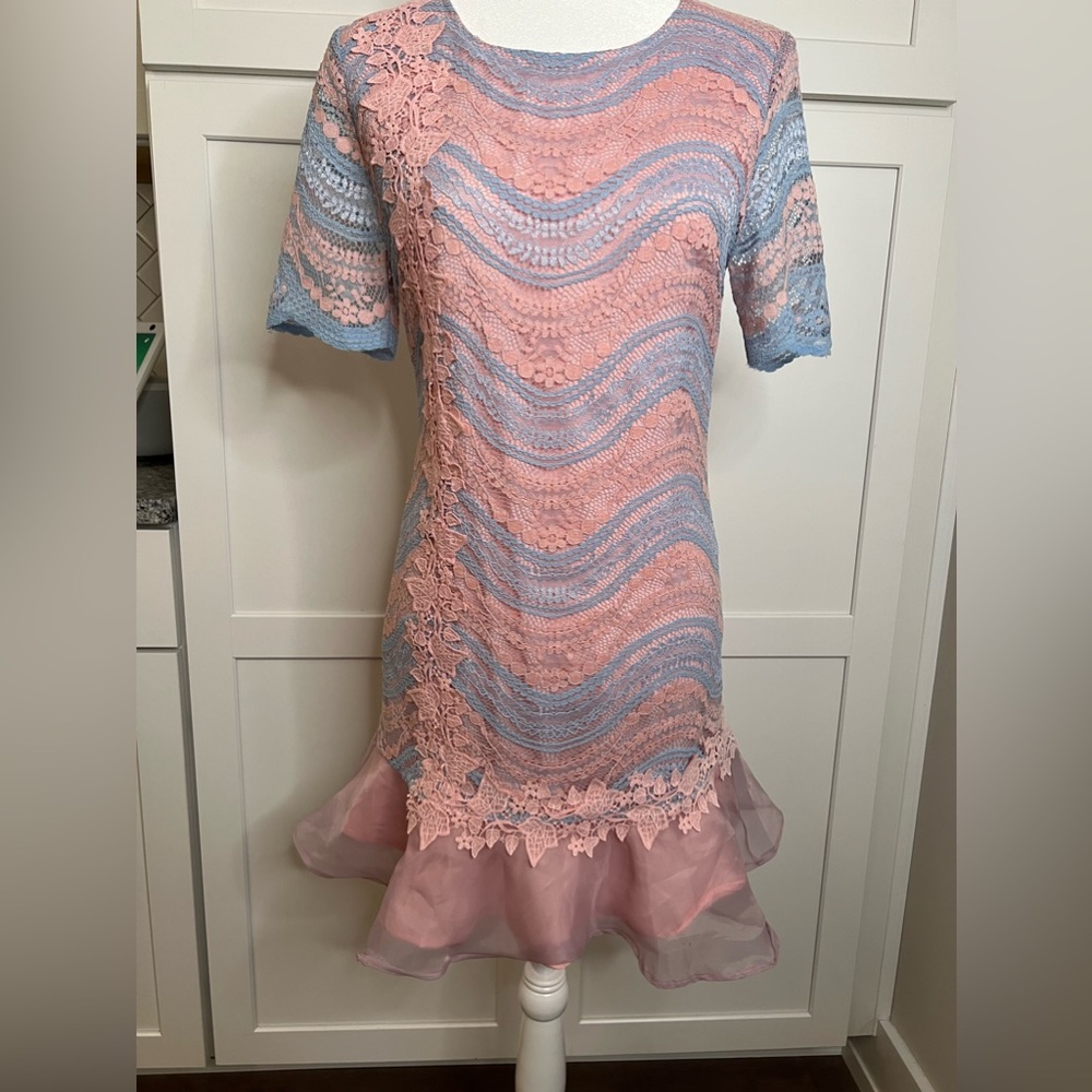 Metisu Baby Blue and Pink Mini Dress Half Sleeve Women's Size S